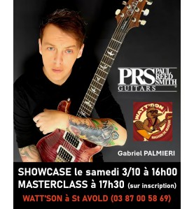 Affiche du Showcase et de la Masterclass PRS Guitars par Gabriel Palmieri au magasin Watt'son à Saint-Avold.